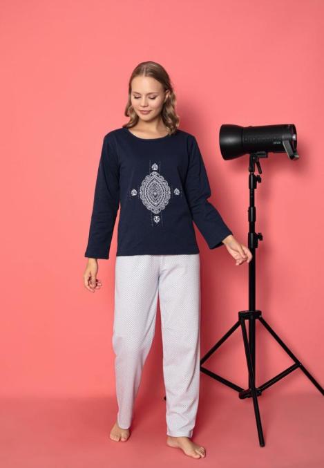 Pijama damă vătuită cu mânecă lungă și pantaloni lungi din bumbac Engros